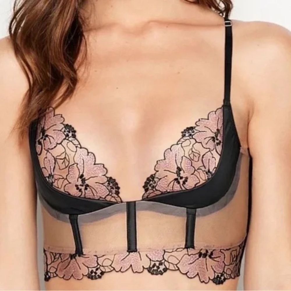 Victoria's Secret Long Line Bra Women 32C Black Pink Floral Lace Mesh